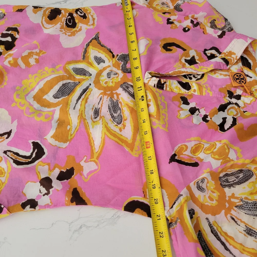 Tory Burch Floral Pink Sequence Long Sleeve Tunic Top Cover Up Lightweight Large